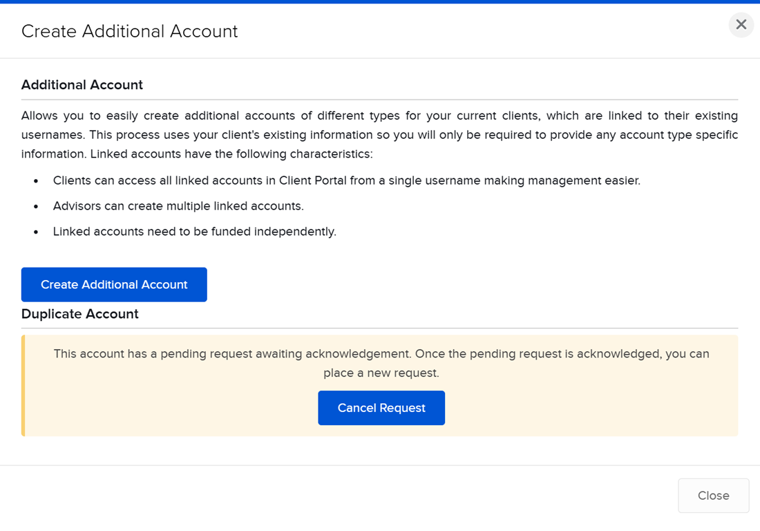 Image of the create additional client account panel in portal. 